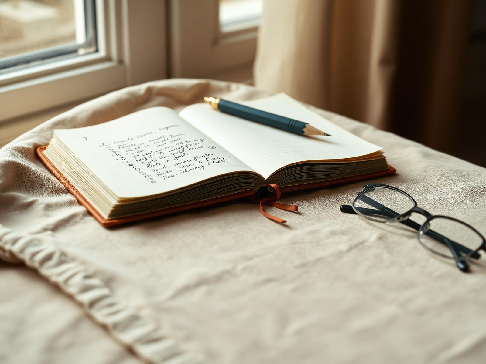 Offenes Notizbuch mit handschriftlichen Notizen auf hellem Leinen, daneben ein Stift und eine Lesebrille im Fensterlicht.